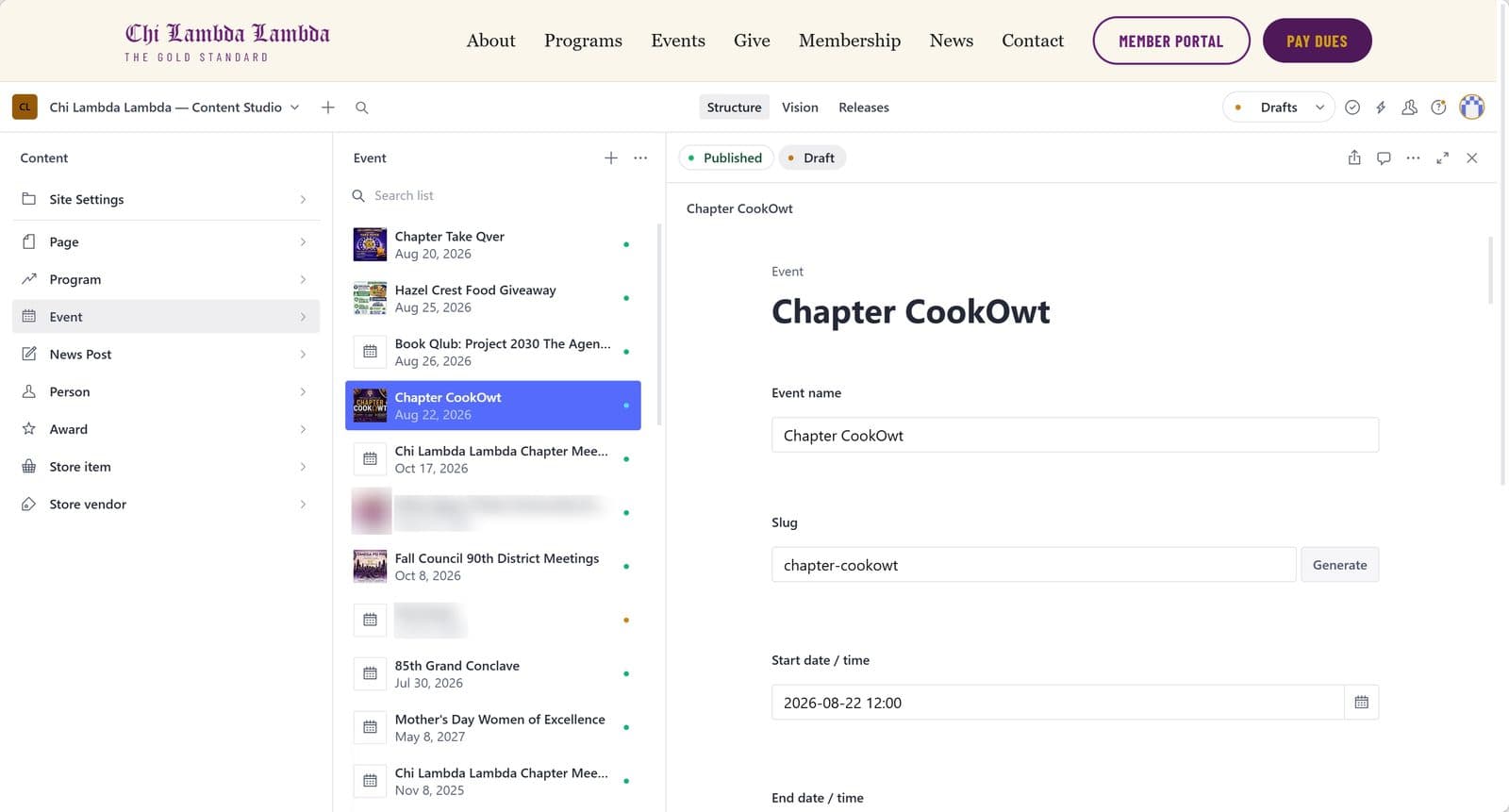 Admin portal news and events content editing with demo data