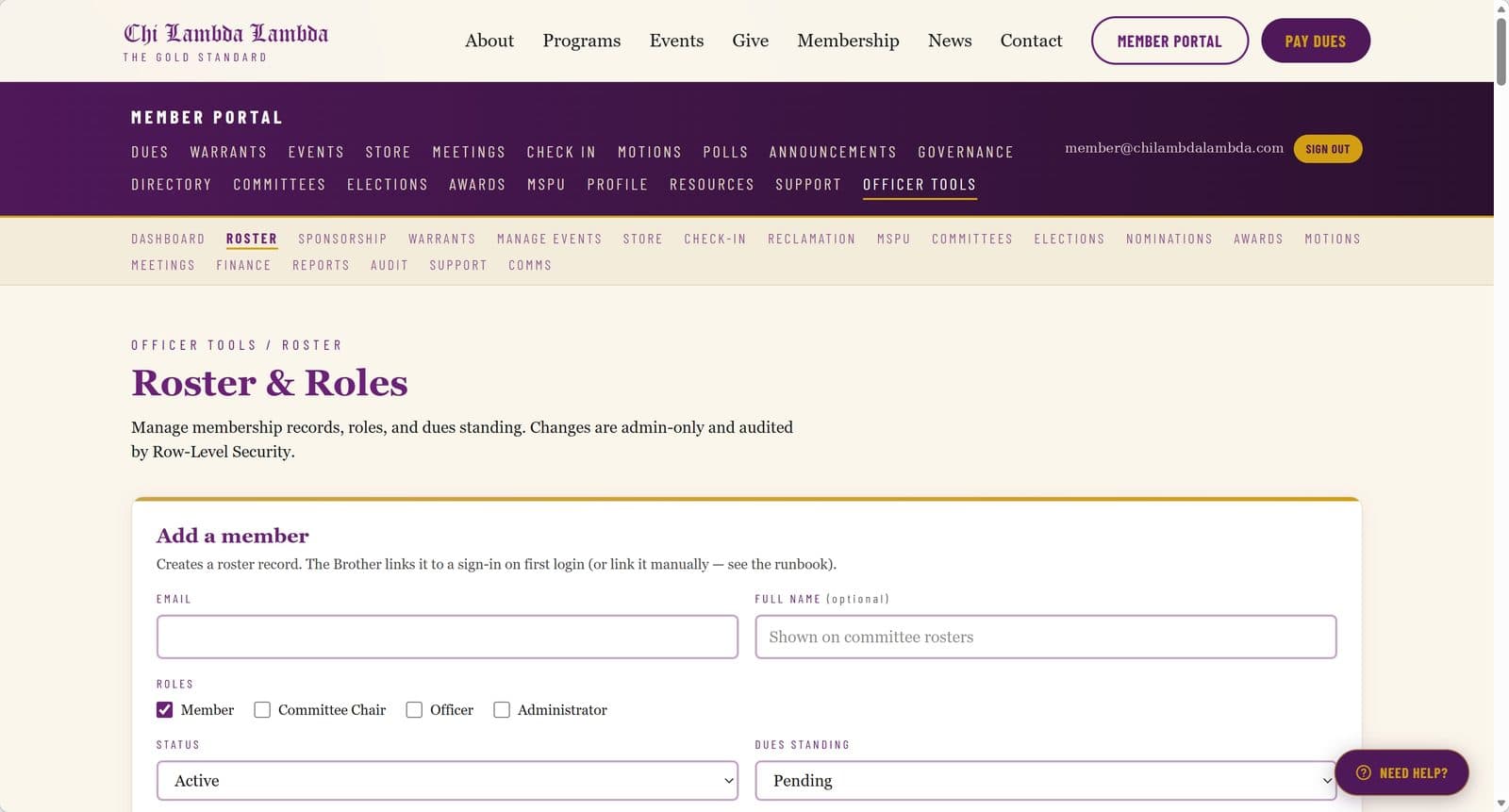 Admin portal roster and financial status view with demo data