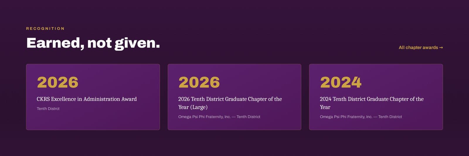 Chapter awards section showing 2024–2026 Tenth District honors