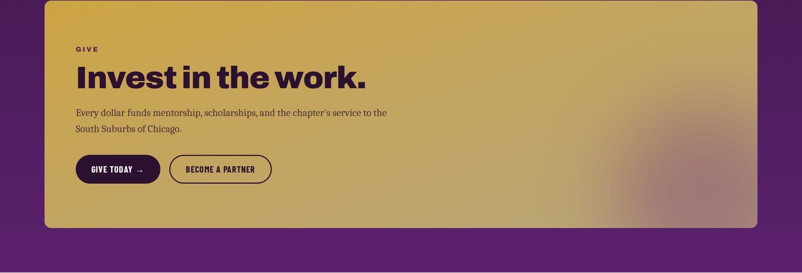 Gold call-to-action band driving donations and partnerships