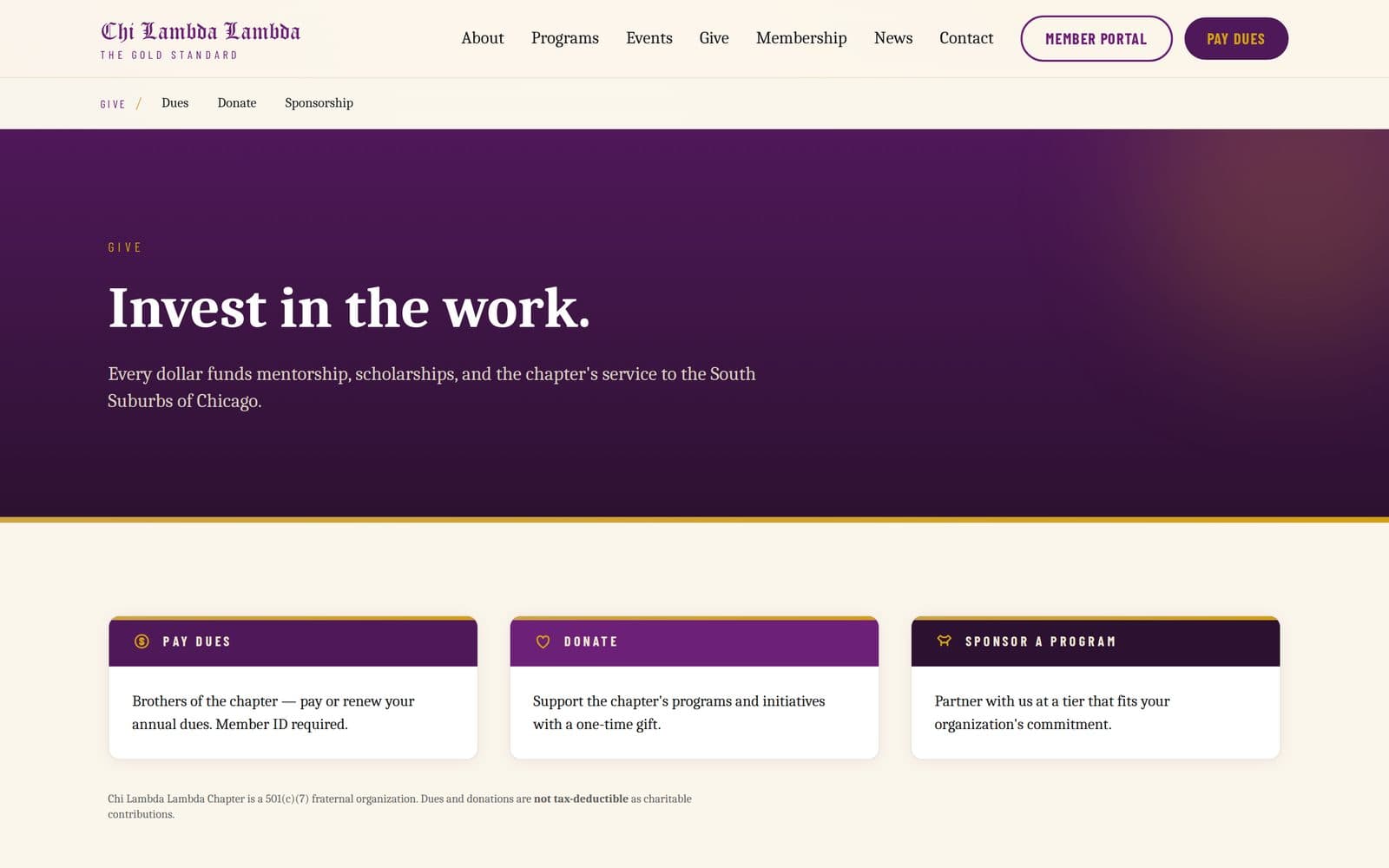 Online giving page with dues and sponsorship options