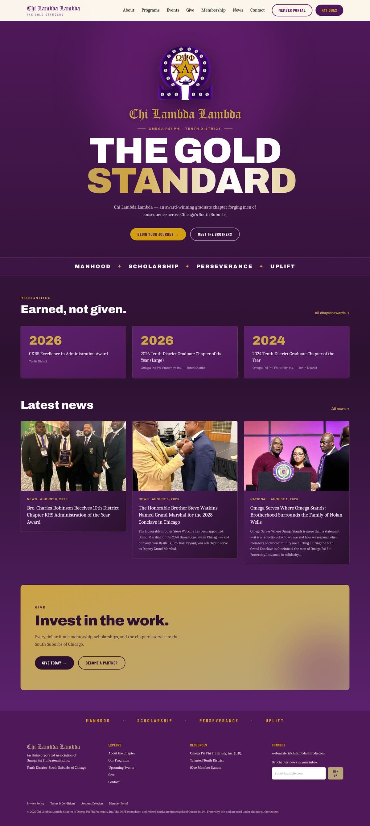 Full-page view of the Chi Lambda Lambda homepage: awards, news, and giving sections