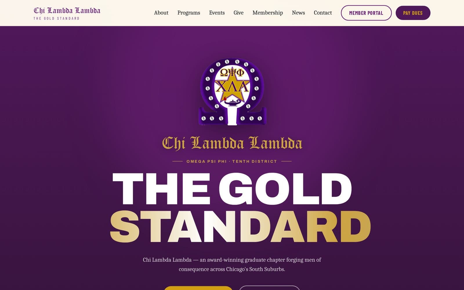 Chi Lambda Lambda chapter website homepage with gold-standard hero branding