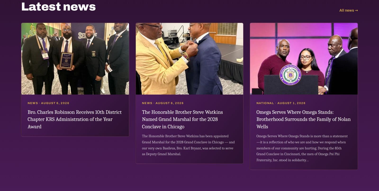 Chapter news feed with photo-led article cards