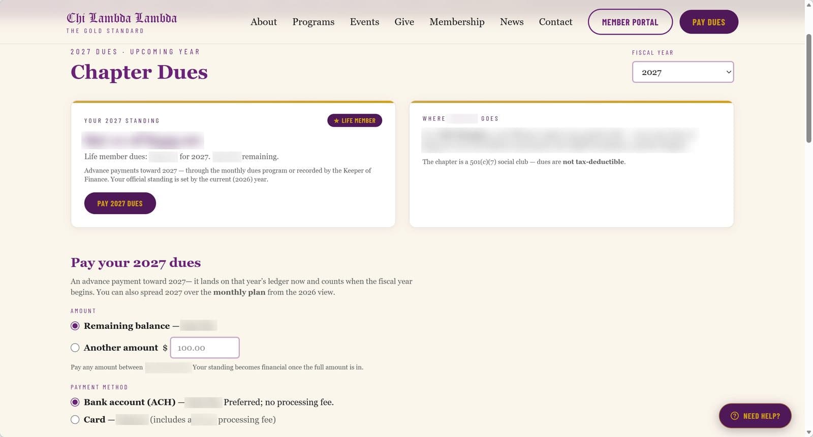 Online dues payment flow in test mode