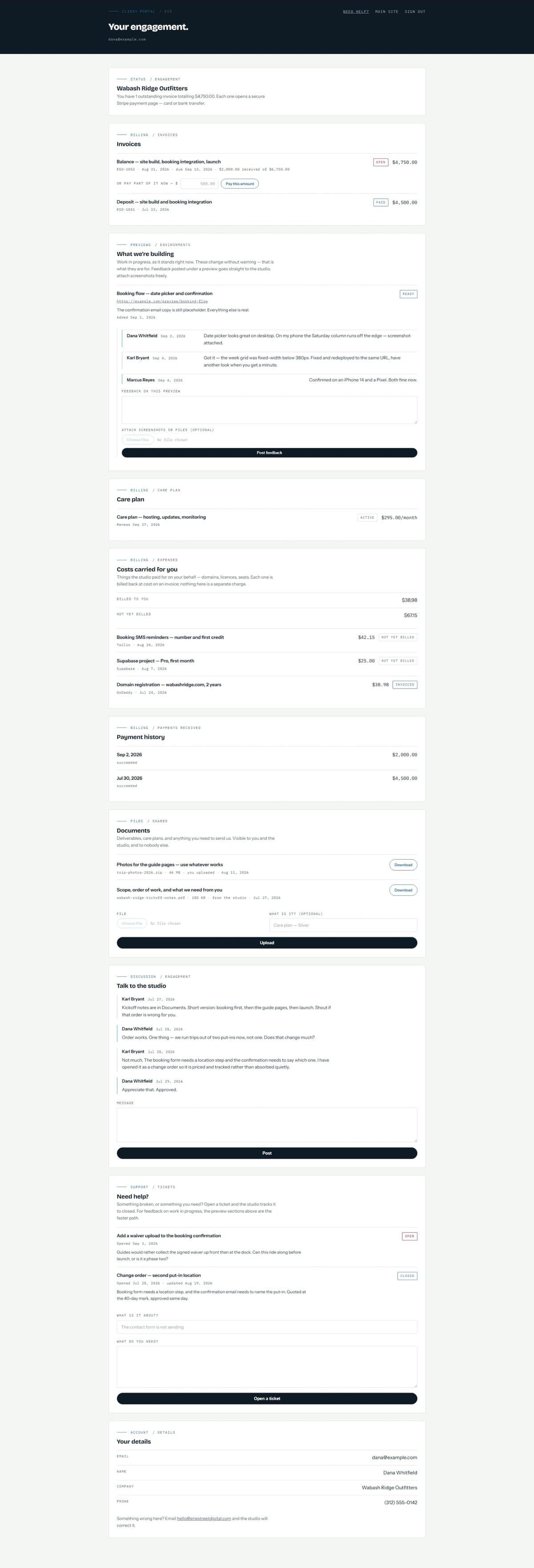 The client portal: previews, discussion, tickets, documents, and billing for one engagement