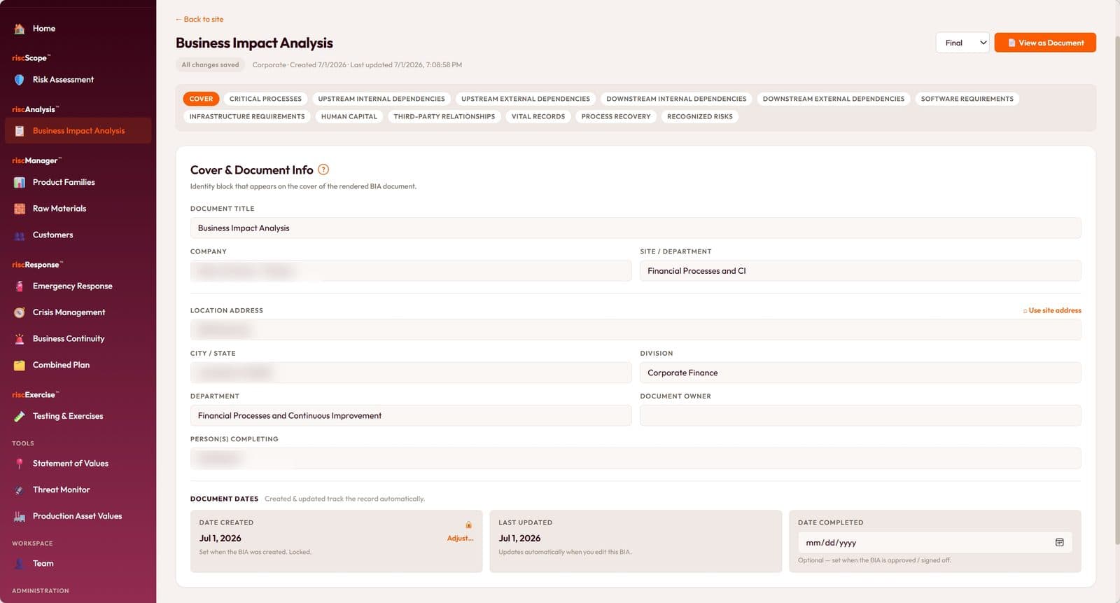 riscManager in-app BIA capture screen in a demo workspace