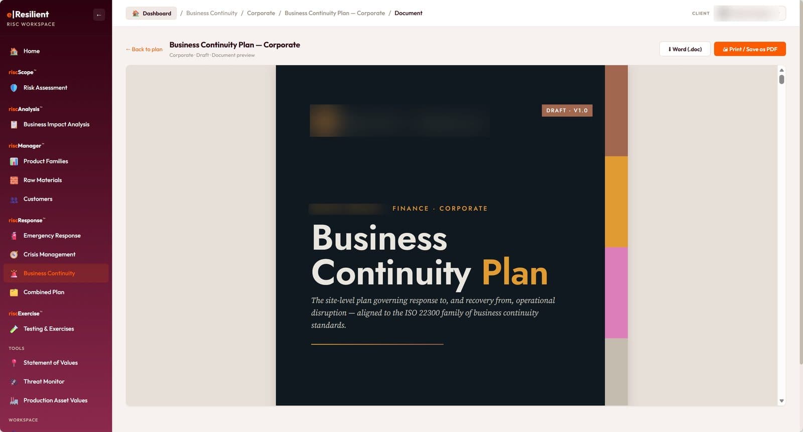 Generated continuity plan output under a fictional client brand
