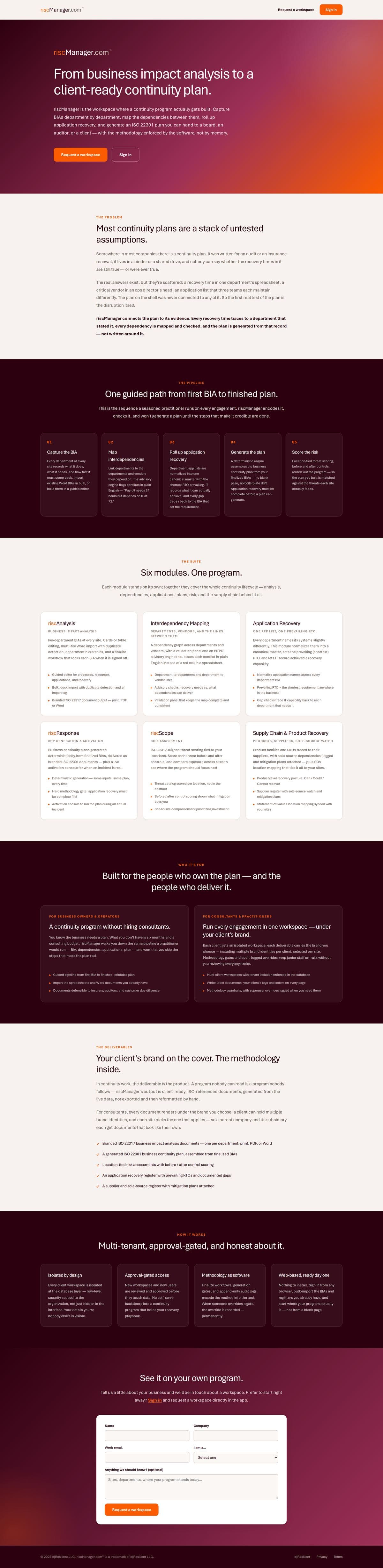 Full riscManager marketing page: pipeline, modules, deliverables