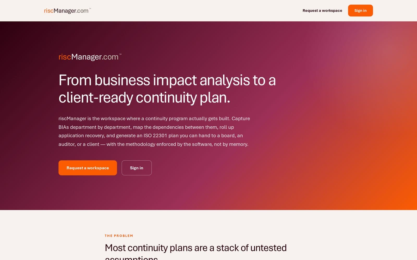 riscManager landing page: from business impact analysis to a client-ready continuity plan